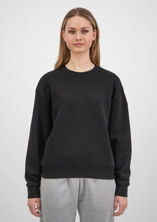 A black women's crew sweatshirt is displayed on a model, featuring a relaxed fit and long sleeves.