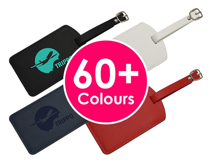 Three luggage tags featuring black, white, and red colours, each with a strap and a brand logo.