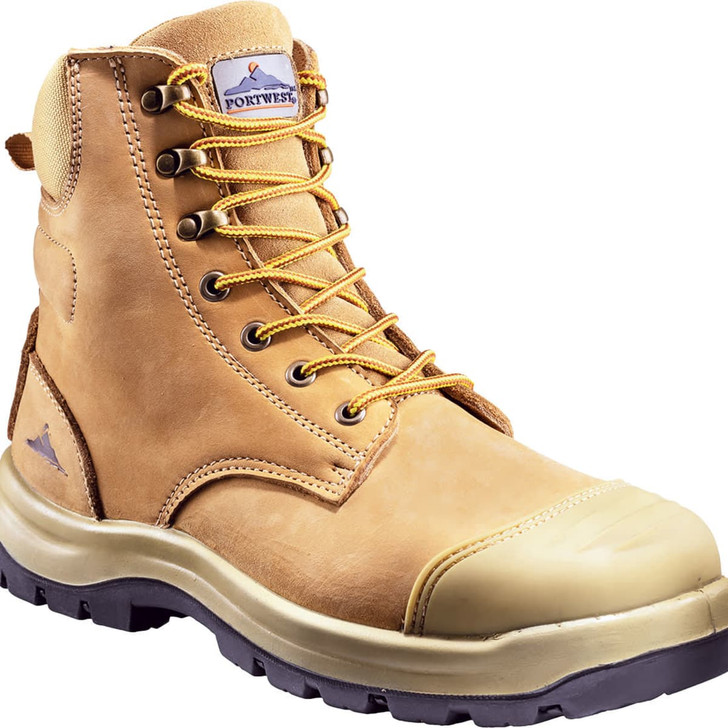 A tan safety boot with yellow laces and a protective toe cap, featuring branding on the side.