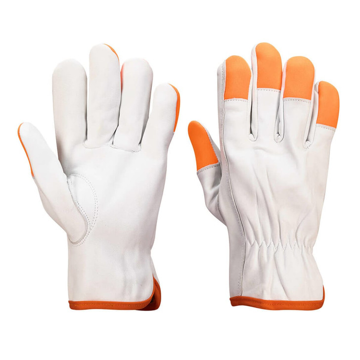 Orange Tip driver gloves featuring white synthetic material and orange accents, displayed in an open position.