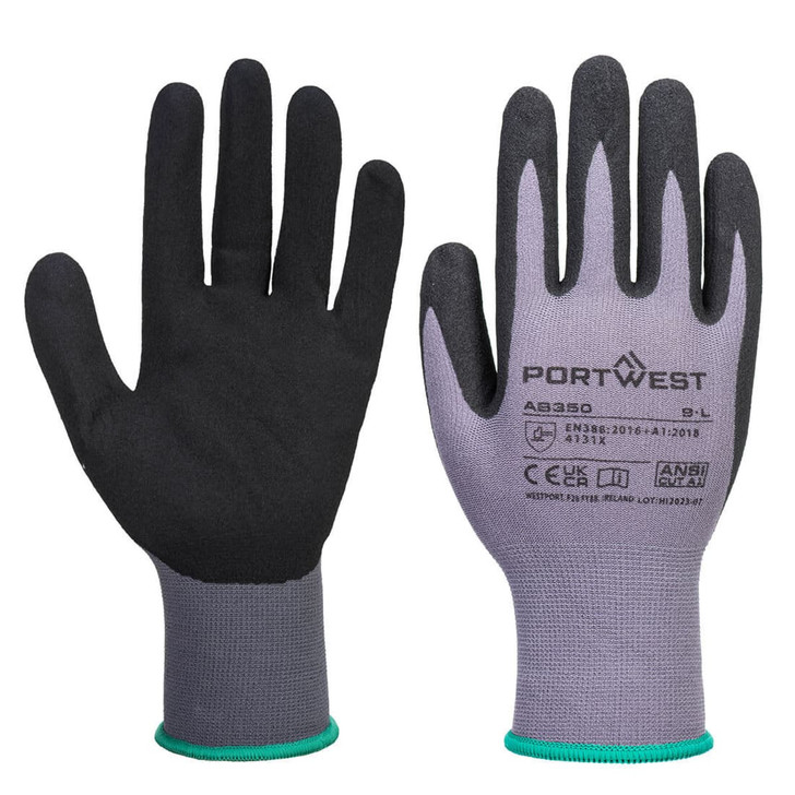 A pair of grey and black work gloves with a rubber grip and a green cuff, featuring branding on the palm.