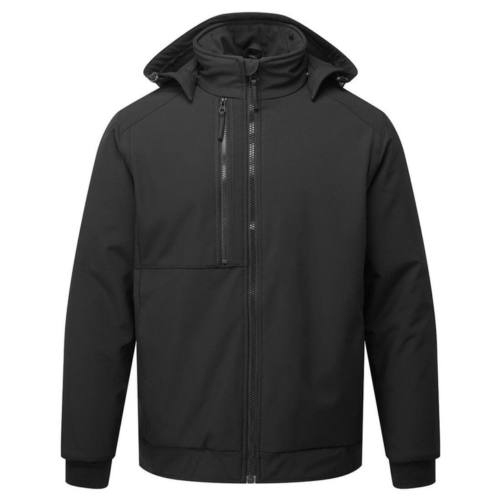 A black insulated softshell jacket featuring a zippered front and a high collar, with a logo on the chest.