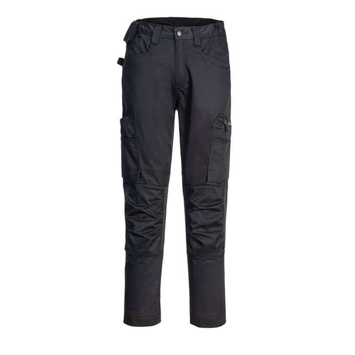 Black eco-stretch trade pants featuring multiple pockets and a belt loop. The pants have a branded logo on them.