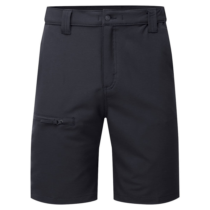 A pair of black eco stretch shorts featuring a front button closure and a zippered side pocket, with a branding logo.