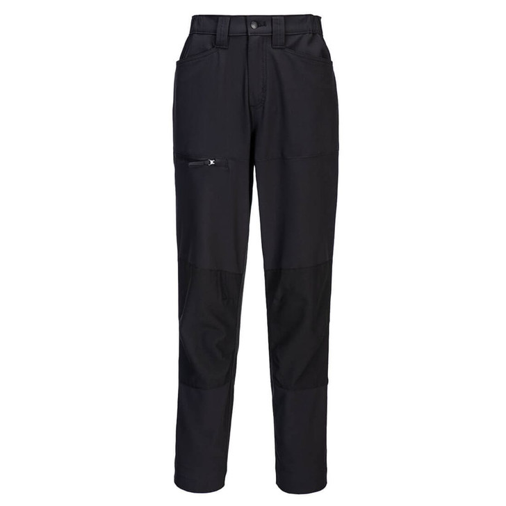 A pair of black women's stretch work pants with a zippered pocket and reinforced knee areas. Includes branding.