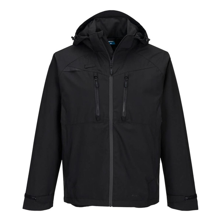 A black rain jacket featuring a hood, two zippered pockets, and adjustable cuffs. It has a logo on the front.