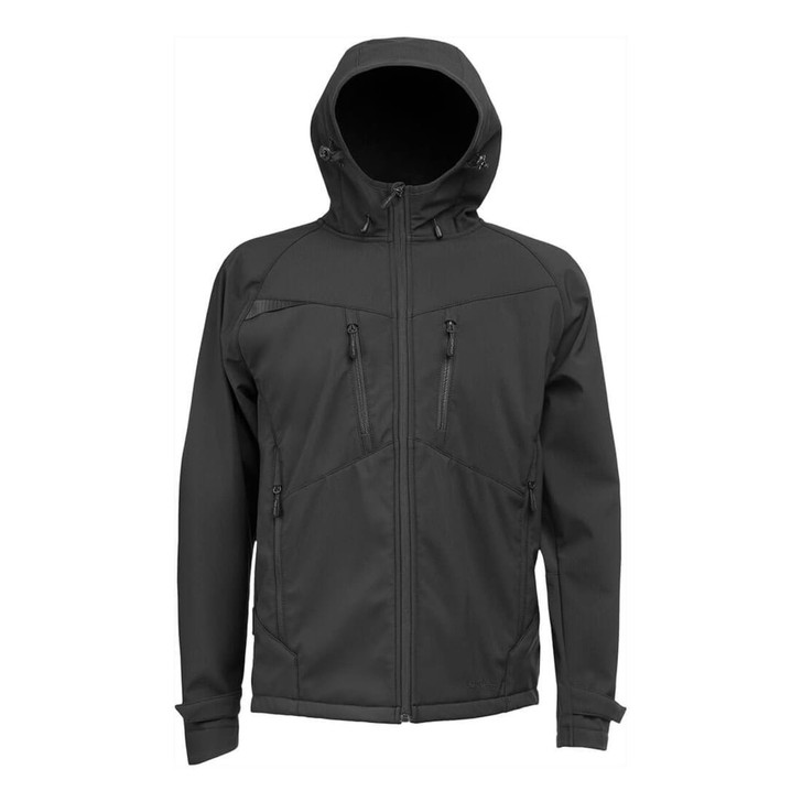 A black softshell jacket with a hood, featuring multiple zippered pockets and a sleek design.