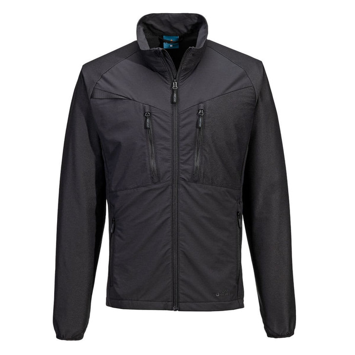A black lightweight mid layer jacket featuring a zip-up front and two zippered chest pockets. It has a logo on the front.