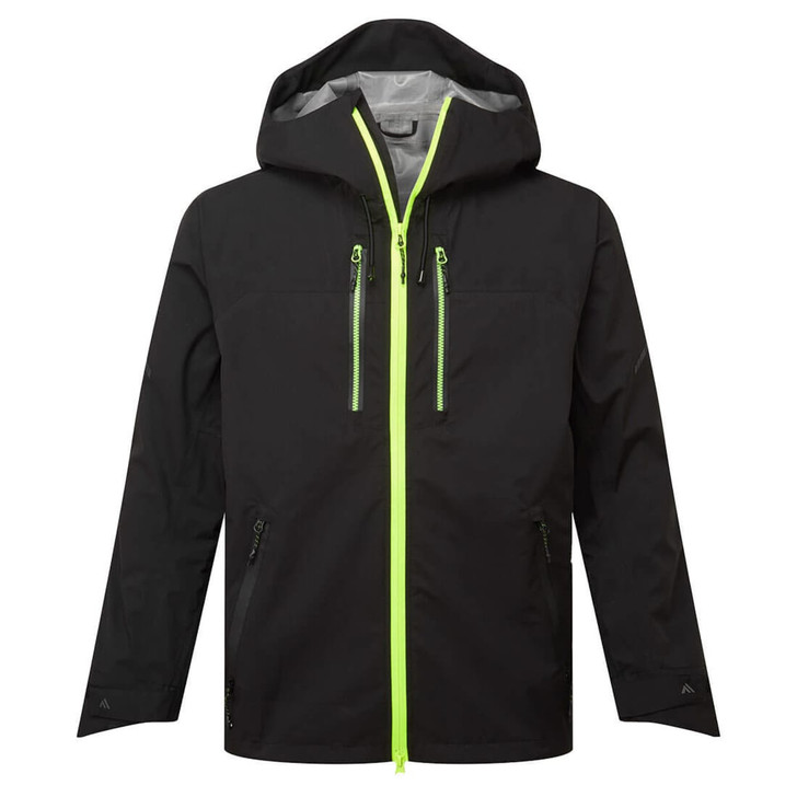 A black shell jacket with a zippered front and bright green accents, featuring a hood and multiple pockets.