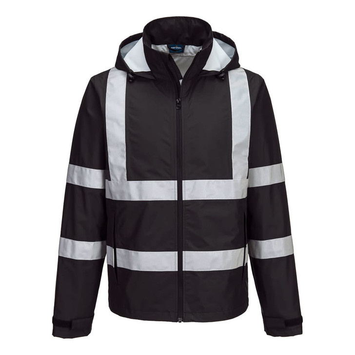 A black lightweight packable jacket with reflective stripes and a hood. It features a logo on the front.