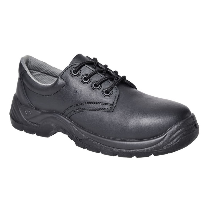 A black leather low shoe with a moulded rubber sole and laces, featuring a textured design and a grey interior.