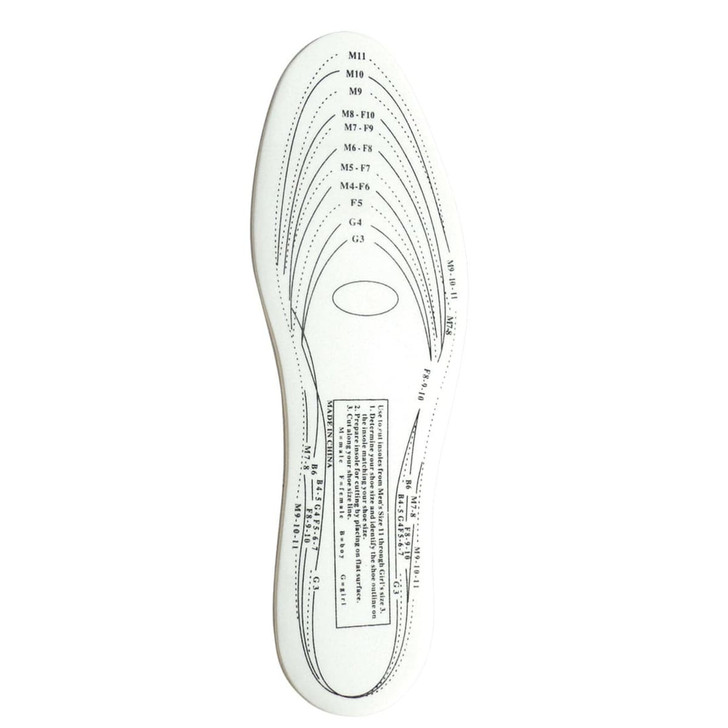 A white memory foam insole featuring various markings and measurements, with a logo at the bottom.