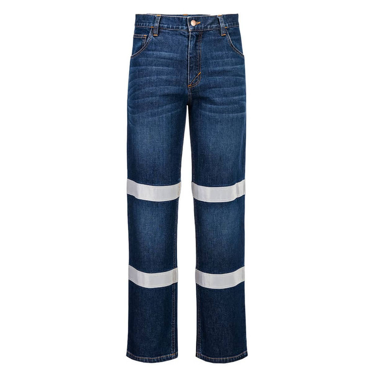 A pair of blue denim jeans featuring white reflective strips and a standard five-pocket design.
