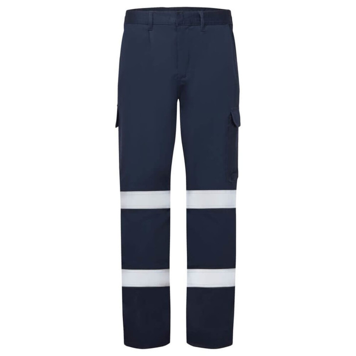Navy work pants featuring reflective stripes and multiple pockets. Includes a logo on the garment.