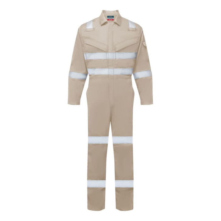 A beige coverall with reflective stripes, featuring long sleeves and a front zip. It has a logo.
