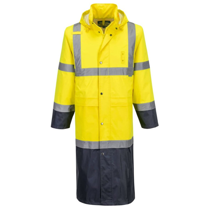 A yellow and navy raincoat with reflective stripes and a hood, featuring a logo on the front.