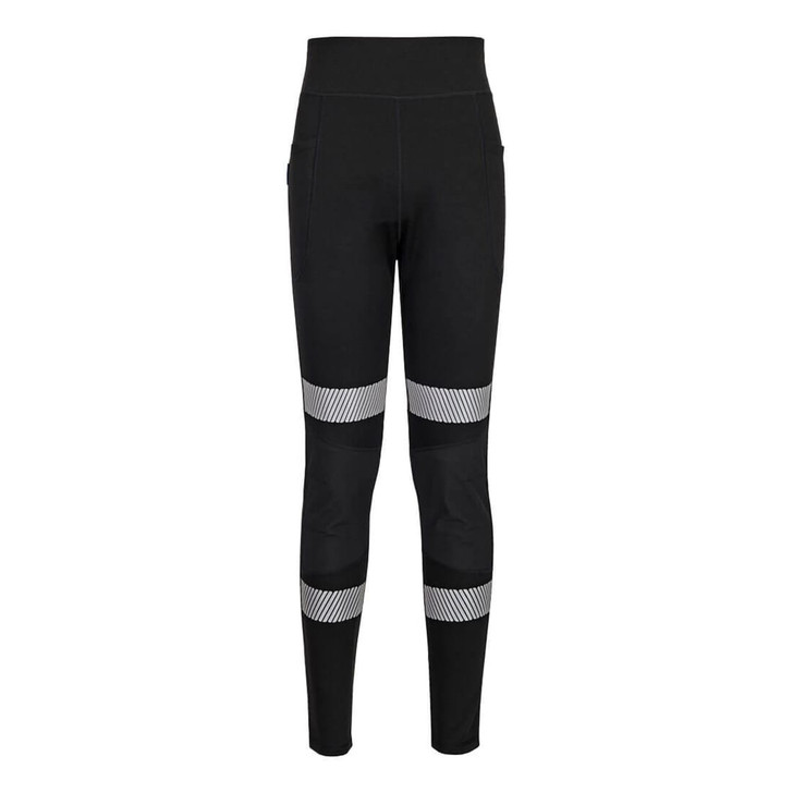 Black leggings featuring reflective strips, designed with a high waistband and pockets. Includes a logo.