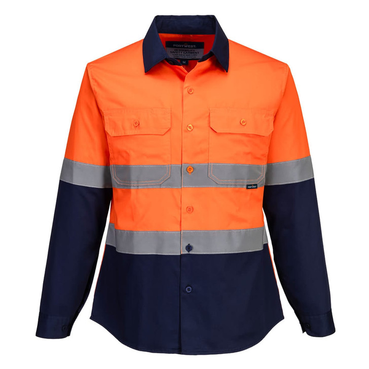 A bright orange and navy long-sleeve shirt with two pockets and reflective stripes. Features a logo on the chest.