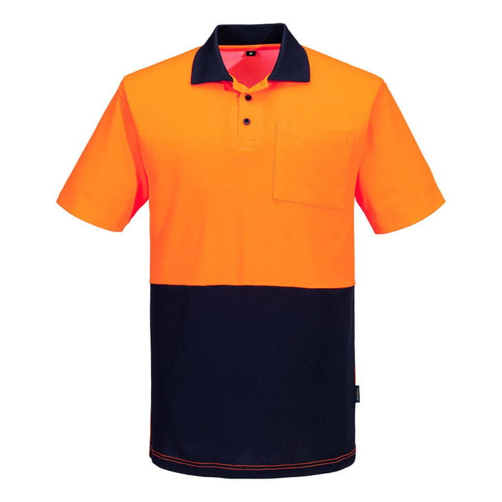 A short-sleeved polo shirt in high-visibility orange with a navy blue contrast at the bottom and a pocket. Features a logo.