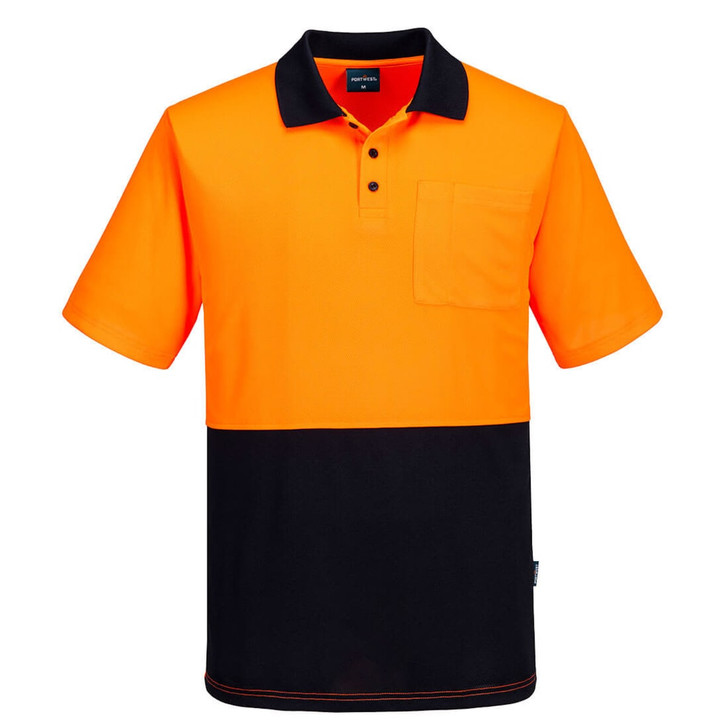 A high visibility short-sleeved polo shirt in orange and black, featuring a chest pocket and a logo.