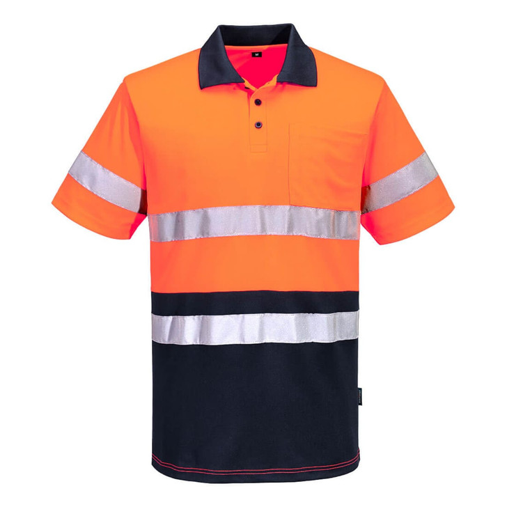 A Hi-Vis orange and navy polo shirt with reflective stripes and a pocket. The shirt features a logo on the chest.