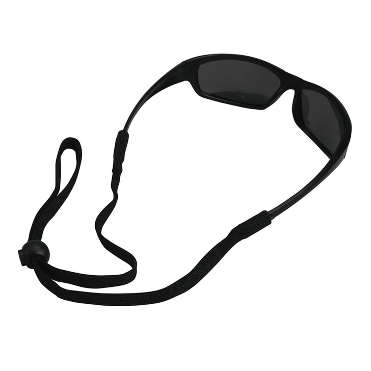 A black spectacles cord with an adjustable loop, designed to secure sunglasses or glasses.