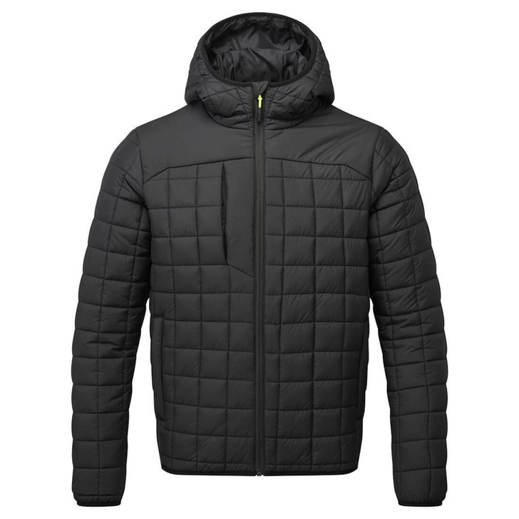 A black square baffle jacket featuring a hood and zip closure, with a quilted design and multiple pockets.