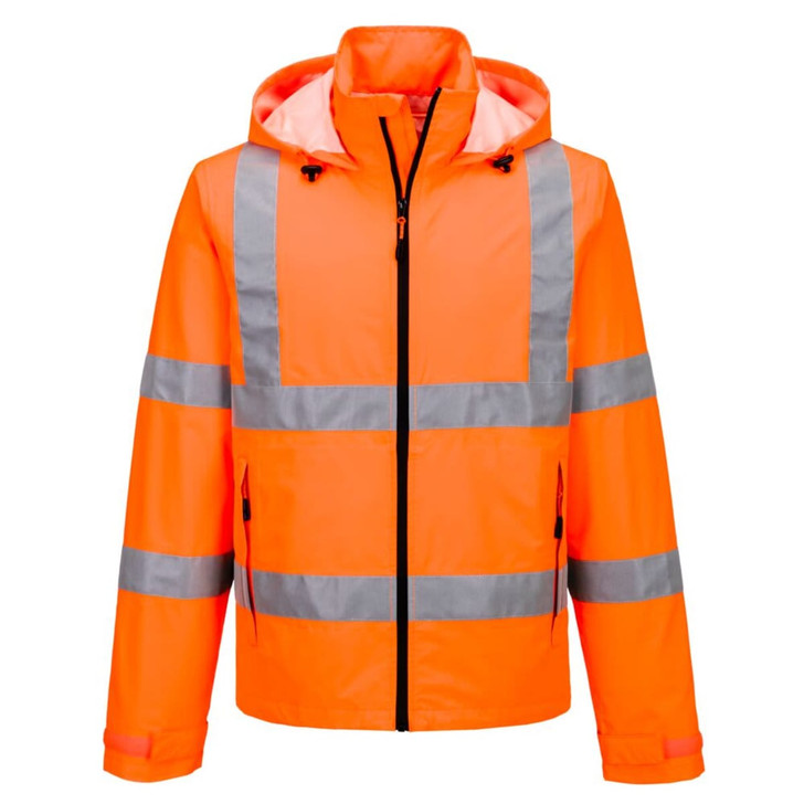 A high-visibility lightweight packable jacket in bright orange with reflective stripes and a hood. Features a zip front and pockets.