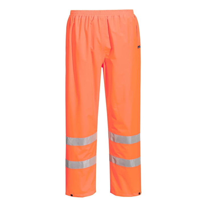 Hi-Vis lightweight packable trousers in bright orange with reflective stripes. Elasticated waistband for comfort.
