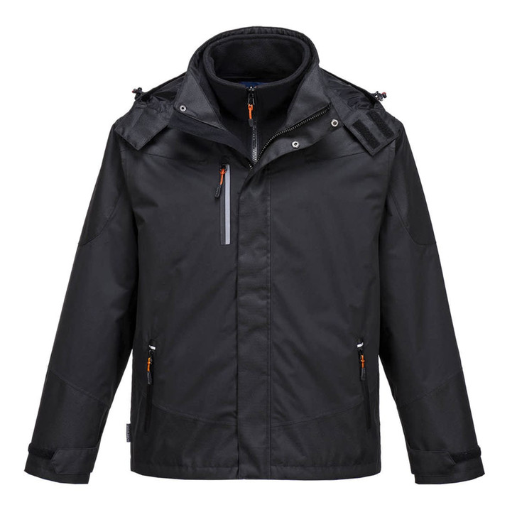 A black Radial 3-in-1 jacket featuring multiple pockets and a hood. It includes a branding logo.