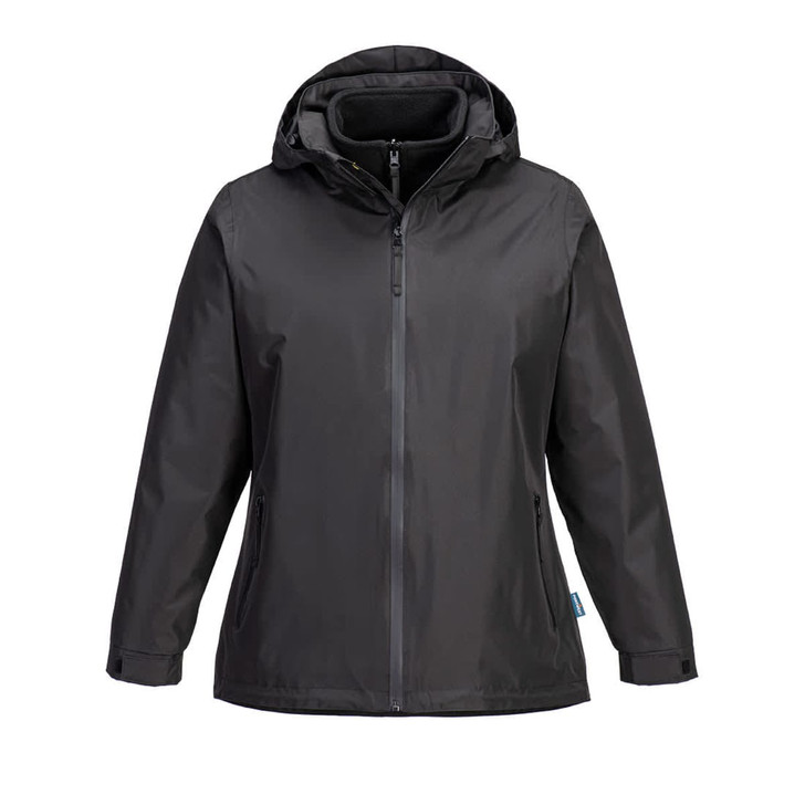 A women's black 3-in-1 jacket featuring a hood and zip front, with an inner lining and branding.