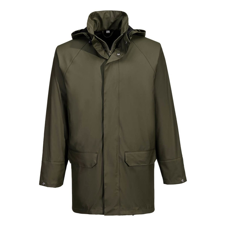A khaki waterproof jacket with a hood, featuring snap buttons and pockets, along with a logo.