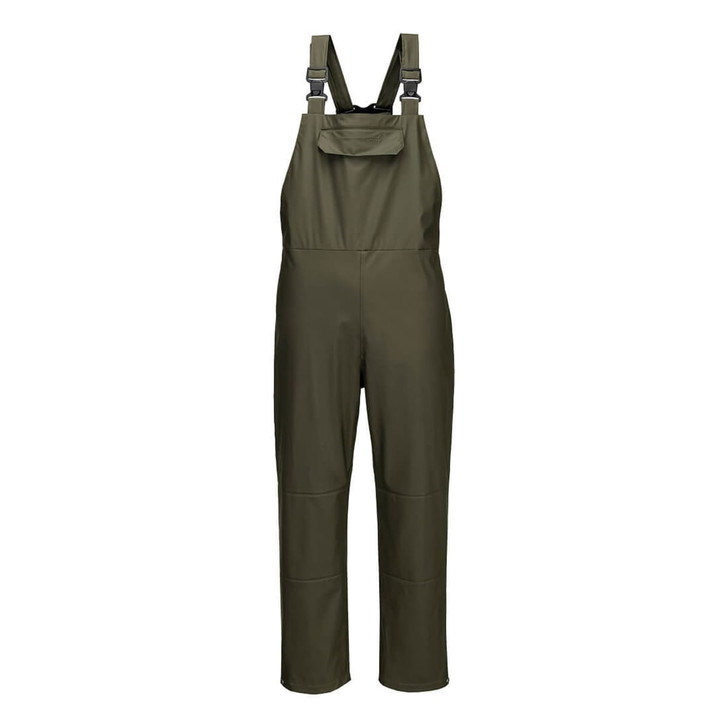 A pair of olive green waterproof bib overalls with adjustable straps and a front pocket. Features a logo on the side.