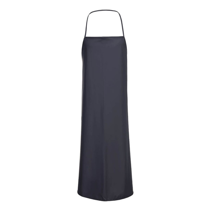 A black Chem Apron with a halter neck design, featuring a smooth, glossy finish and a logo at the top.