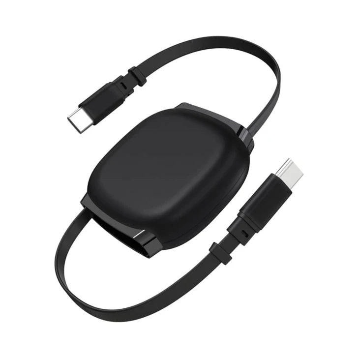 A black retractable charging data cable with USB-C connectors, featuring a compact design and a branding logo.