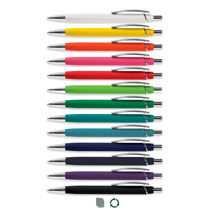 A collection of Centurion Soft-Touch Pens in various colours, featuring a silver clip and accent.