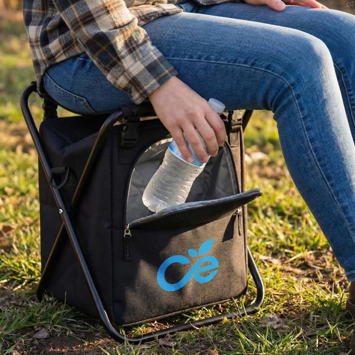A black cooler seat with a person holding a drink bottle, featuring a transparent front pocket and a logo.