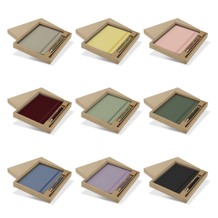 A gift set featuring nine Omega Fashion Notebooks in various colours, each with a matching pen, presented in a box.