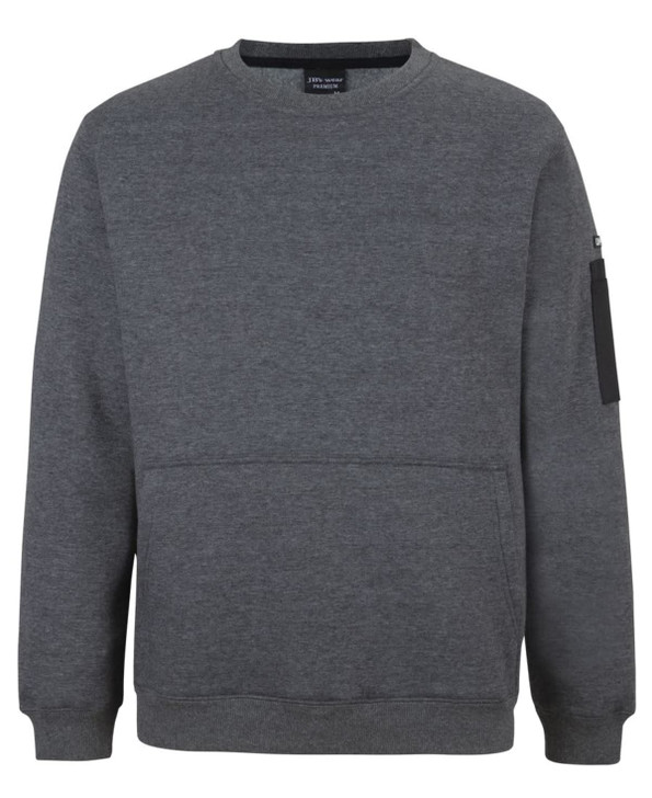 A grey crew neck fleece jumper with a front pocket and a side zipper pocket. It features a logo.