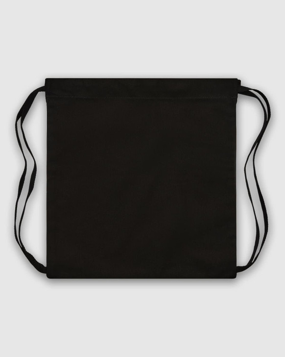 A black drawstring bag with two shoulder straps, featuring a simple, unembellished design.