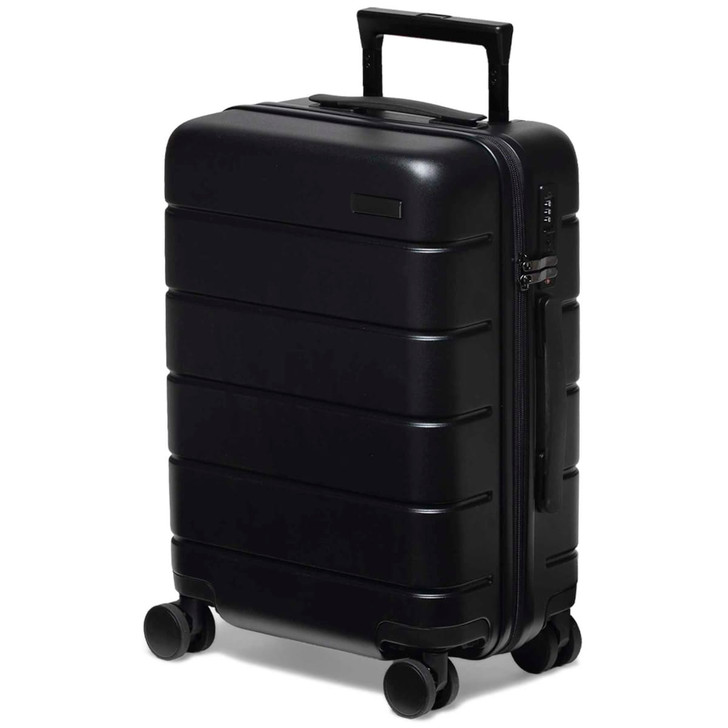 A black hardcase trolley with multiple wheels, featuring a sturdy handle and a sleek surface design.