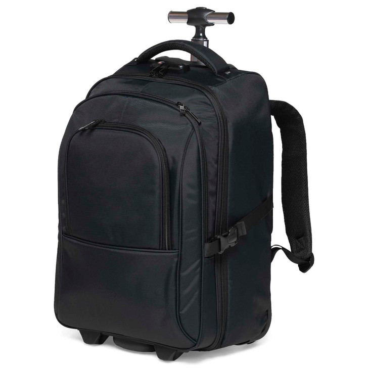 A black trolley backpack with a retractable handle and adjustable shoulder straps. It features a front pocket and wheels.