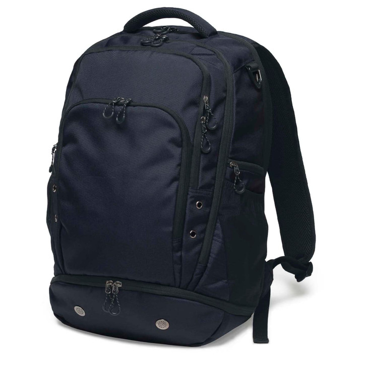 A dark navy backpack with multiple compartments and zippers, featuring padded shoulder straps and a logo.