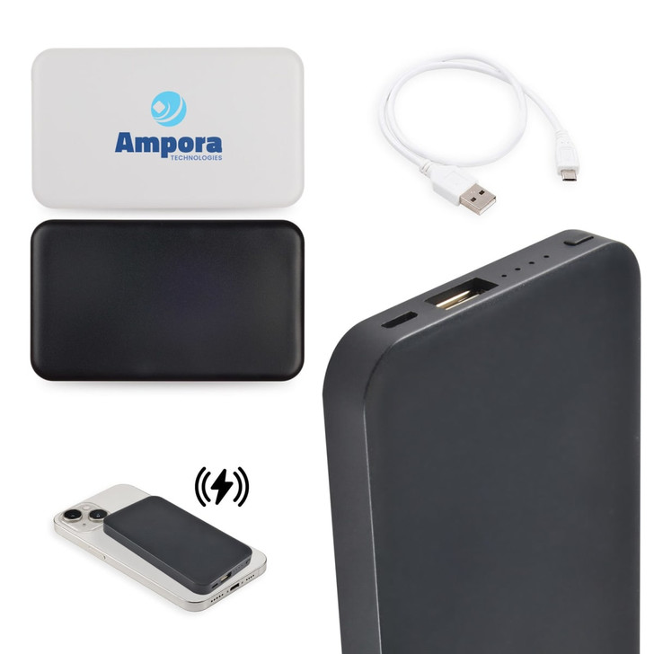 A wireless power bank in black, with a white top panel featuring a logo, accompanied by a charging cable.