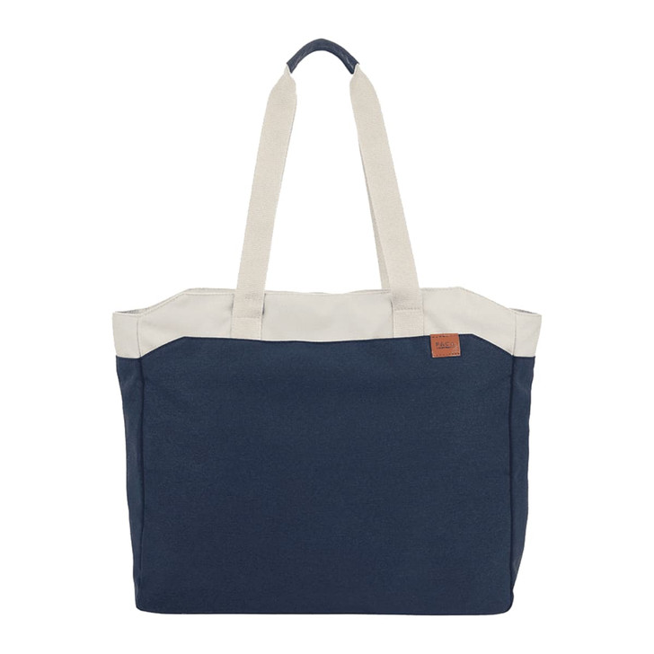 A navy blue and cream tote bag with dual handles and a logo. Spacious design suitable for carrying items.