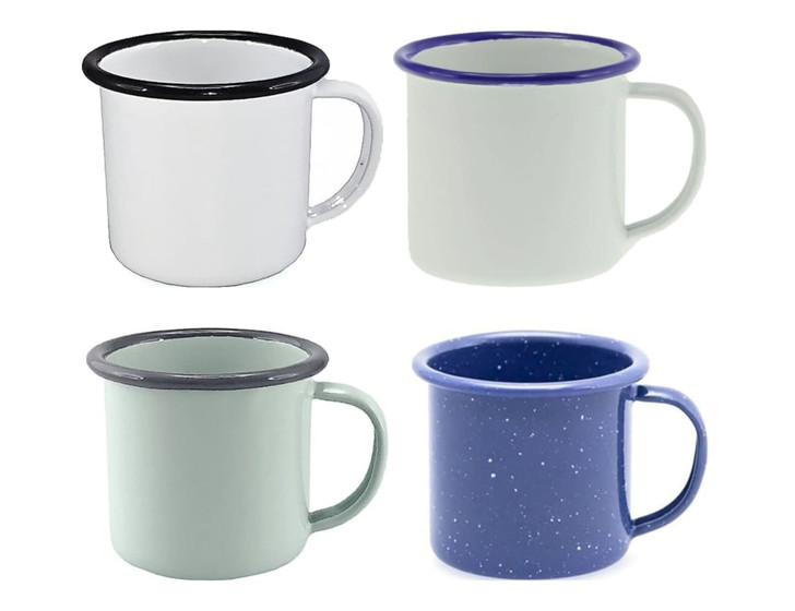 A set of four Falcon enamel espresso mugs in white, mint green, deep blue, and speckled blue, each with a contrasting rim.