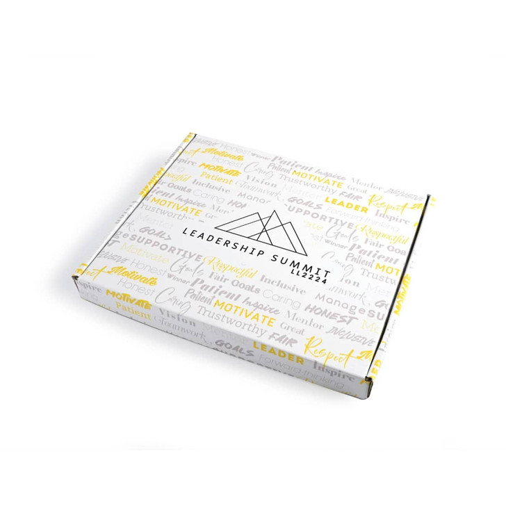 A custom printed box featuring a white background with yellow and grey text, including a logo and various motivational words.