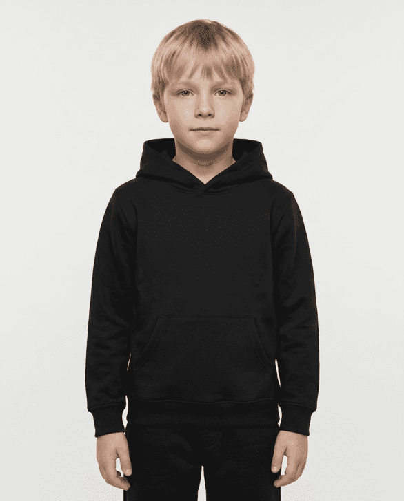 A black kids' hoodie with a front pocket and a hood, displayed on a child with short blonde hair.