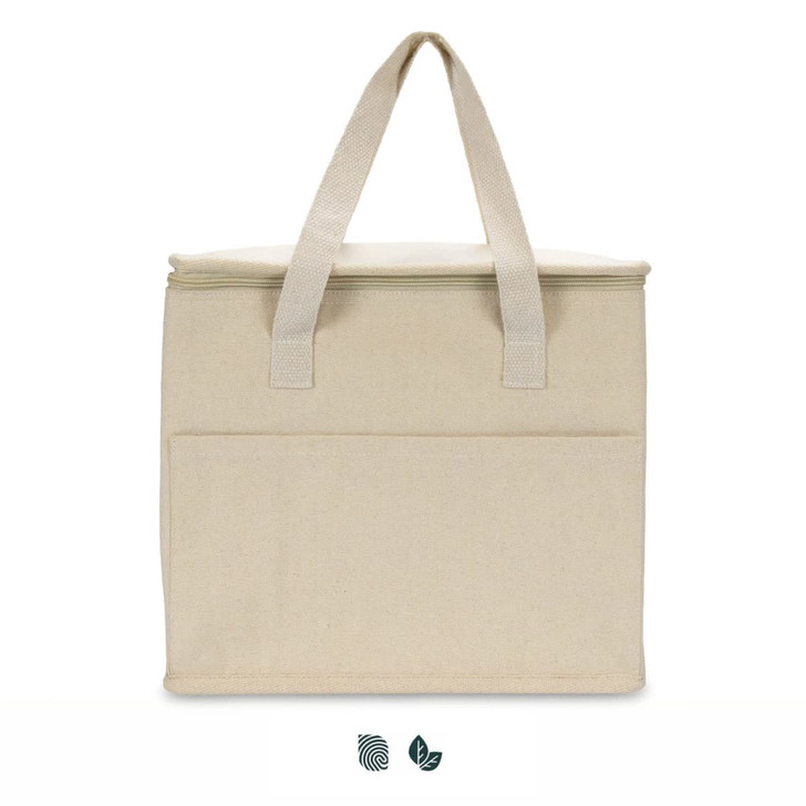 A cream cooler bag with double handles and a front pocket, featuring a simple logo on the side.