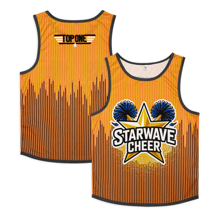 An orange tank top with vertical stripes, featuring a logo and a graphic of a star and pom-poms. It has a brand logo.